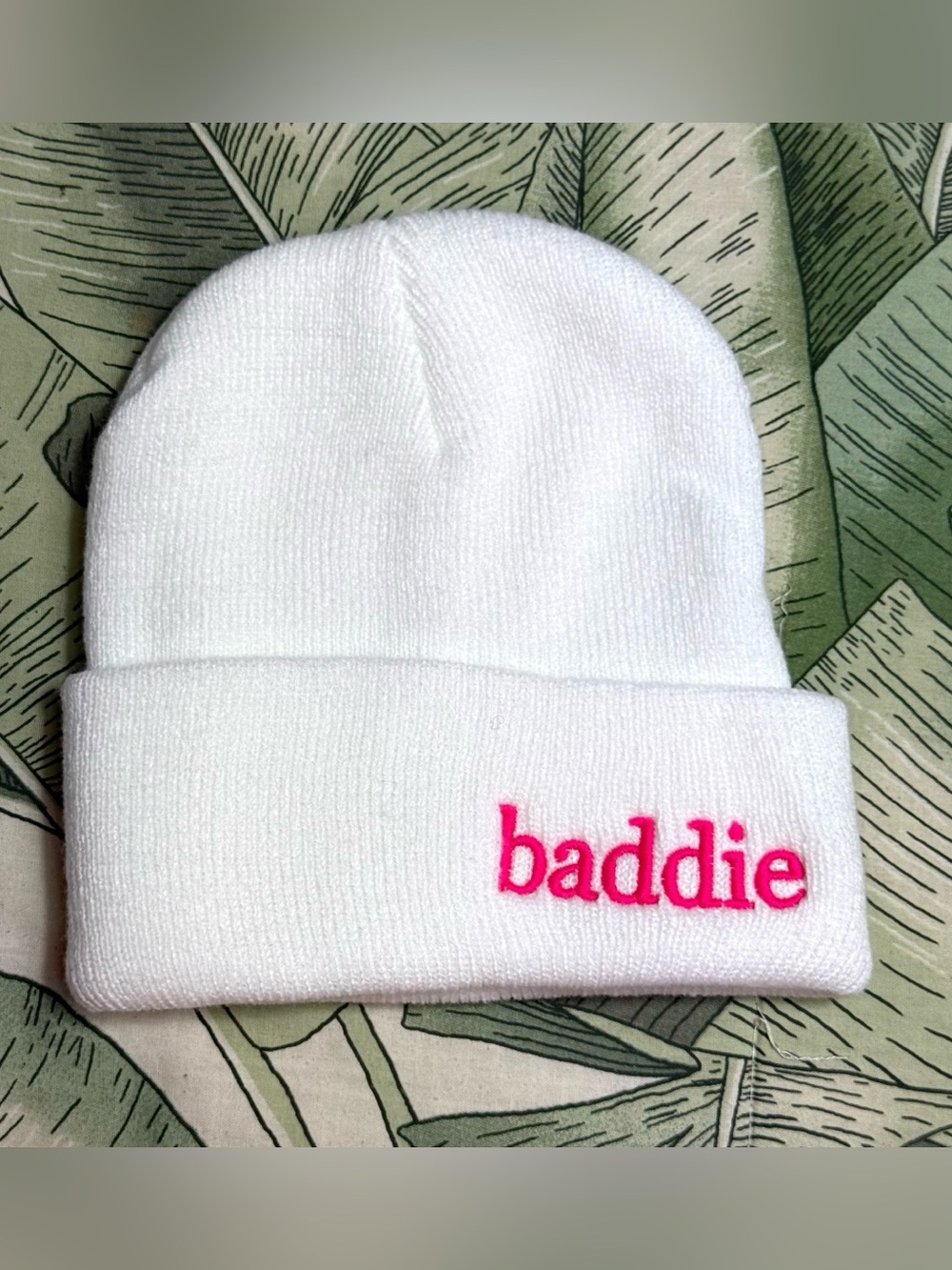 White Knit Cuffed Beanie Baddie Pink Embroidered Winter Hat One Size New
